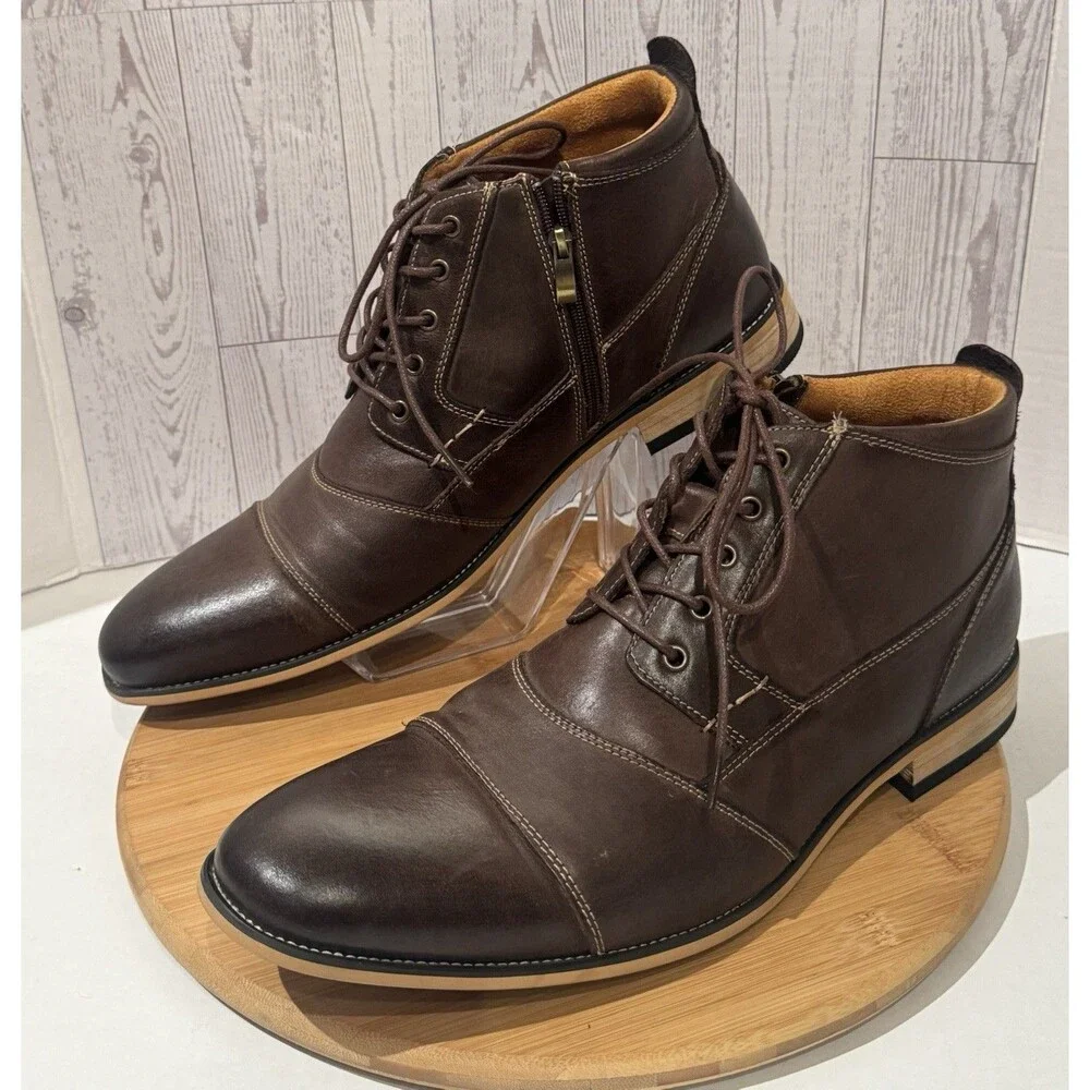 Kunsto Men’s Brown Leather classic Oxford Lace Up Zip Ankle Boots size 14